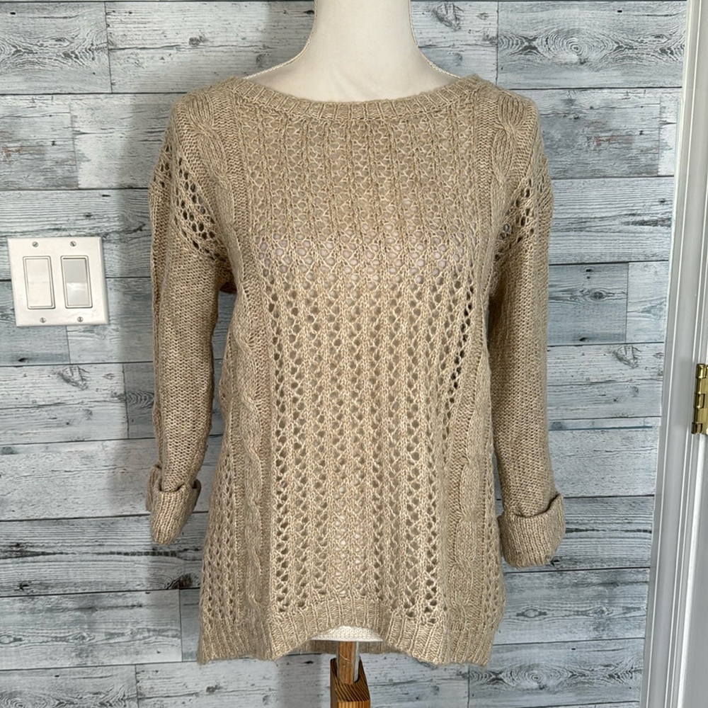 J.J. BASICS CROCHETED TAN SWEATER